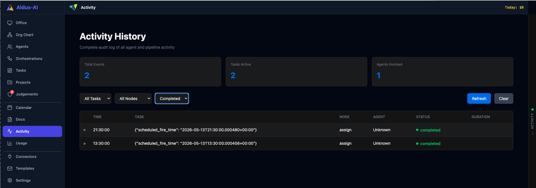 Activity feed interface showing real-time agent actions and task events