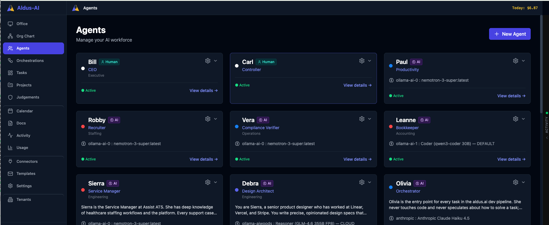 Agents interface showing AI worker configuration