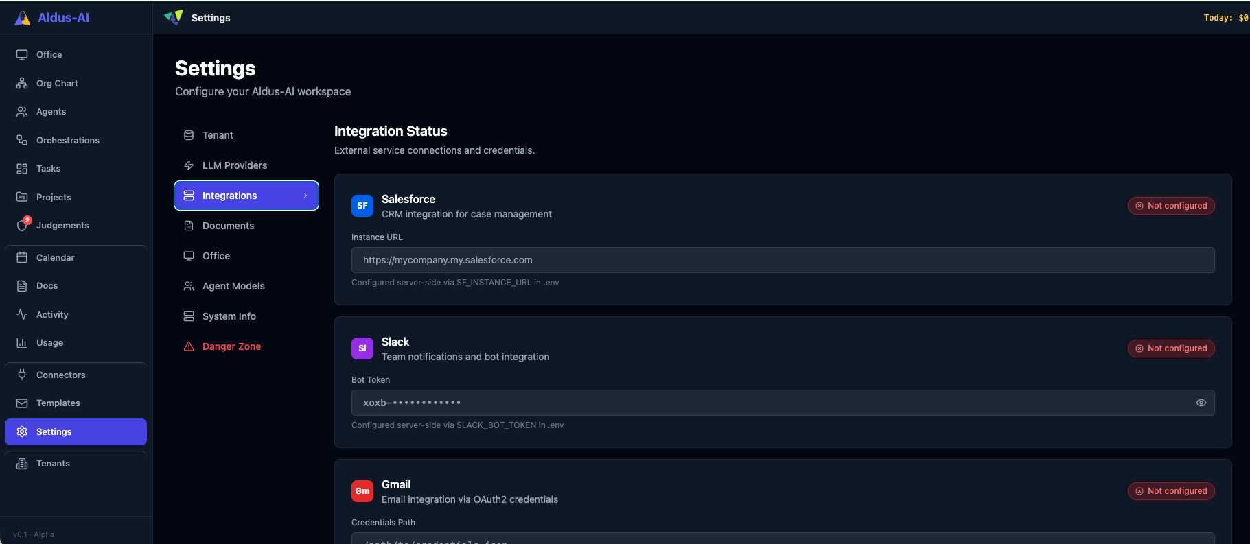 Tenant configuration panel